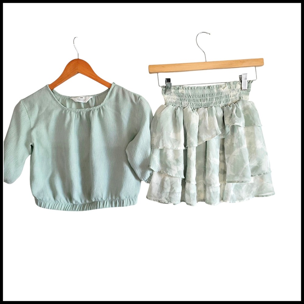H&M Girls' Skirt Set Smocked Waist Tiered Ruffle Mint Green‎ Size 12